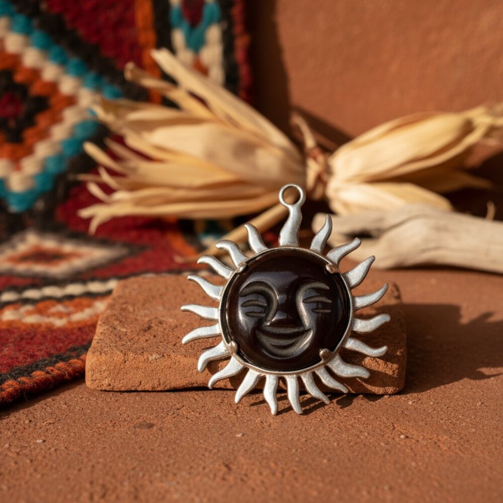 925 Sterling Silver Sun Face Pendant Natural Stone